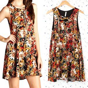 Floral Print Lace Up Sleeveless A-line Dress Black